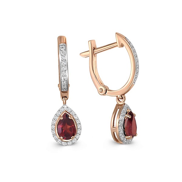 Серьги из красного золота с 2 гранатами и 54 фианитами