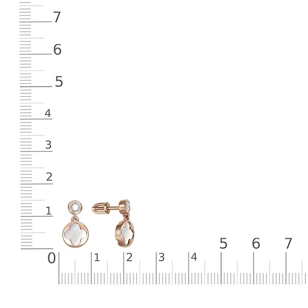 Серьги-пусеты Клевер из красного золота с перламутром и 2 фианитами