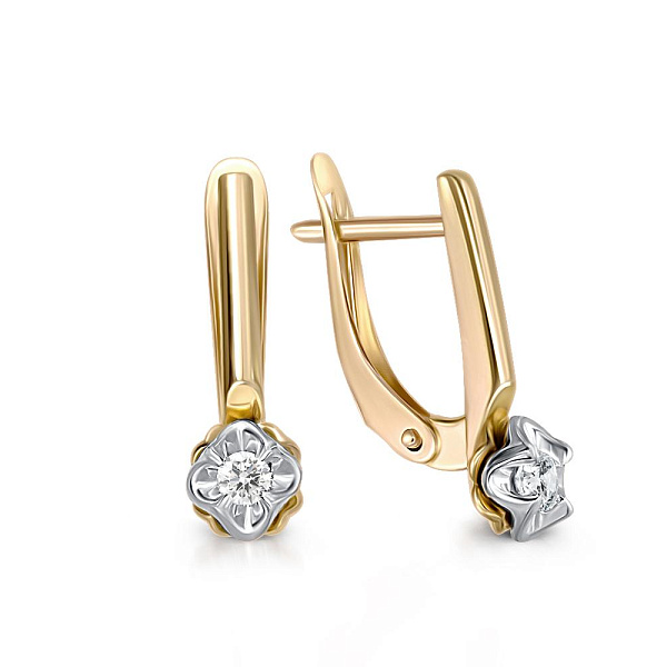 Серьги Цветы из жёлтого золота с 2 бриллиантами