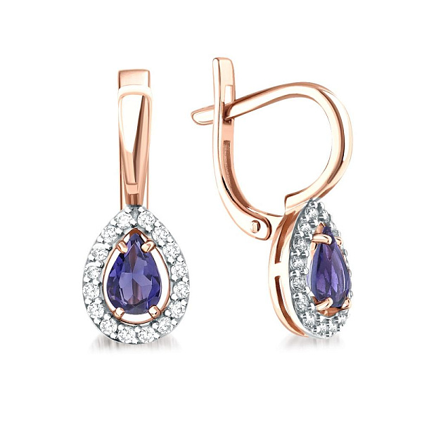 Серьги из красного золота с 2 иолитами и 32 фианитами