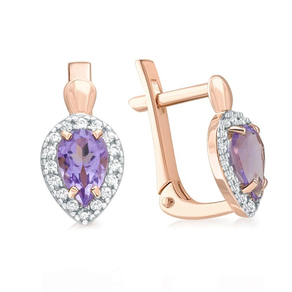 Серьги из красного золота с 2 аметистами и 32 фианитами