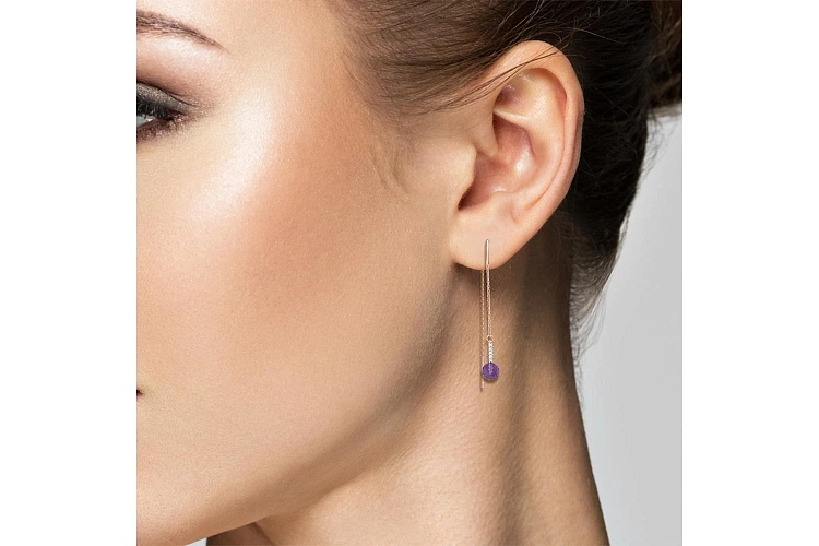 Серьги-продёвки из красного золота с 2 аметистами и 10 фианитами