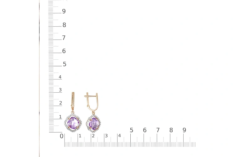 Серьги из красного золота с 2 аметистами и 56 фианитами