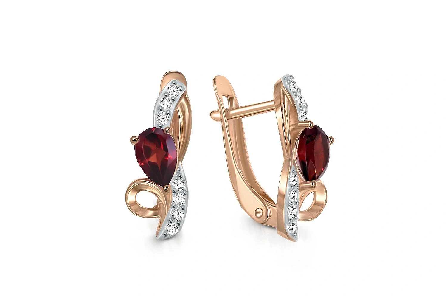 Серьги из красного золота с 2 гранатами и 14 фианитами