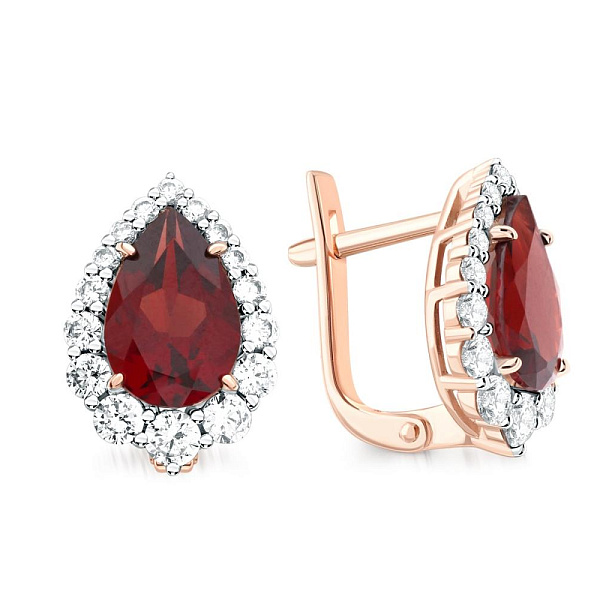 Серьги из красного золота с 2 гранатами и 32 фианитами