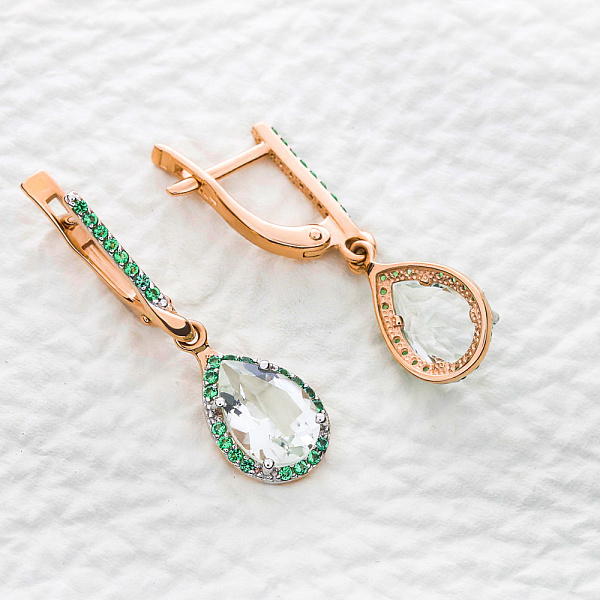 Серьги из красного золота с 2 празиолитами и 50 фианитами