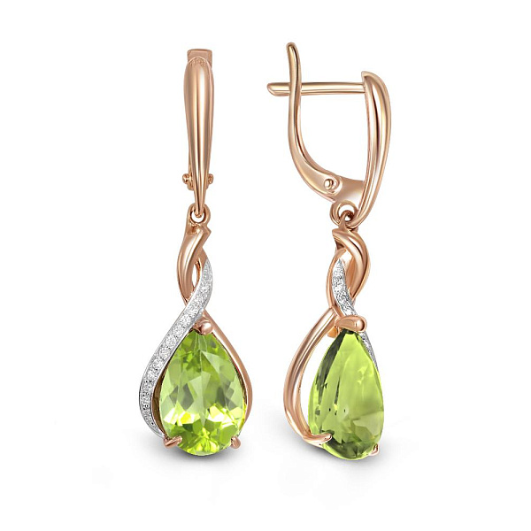 Серьги из красного золота с 2 хризолитами и 24 фианитами