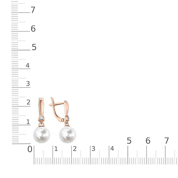 Серьги из красного золота с 2 жемчужинами и 2 фианитами