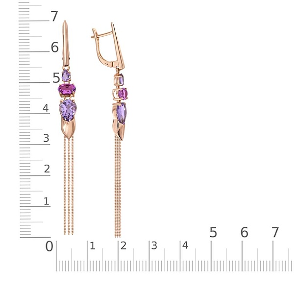 Серьги из красного золота с 4 аметистами и 2 родолитами