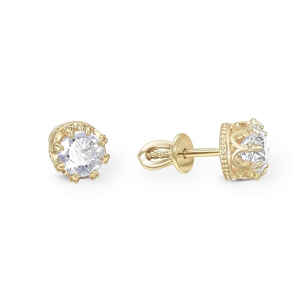 Серьги-пусеты Короны из жёлтого золота с 2 кристаллами swarovski
