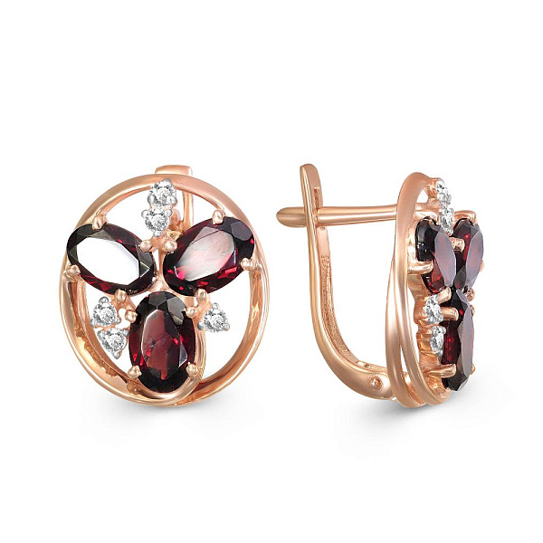 Серьги из красного золота с 6 гранатами и 10 фианитами