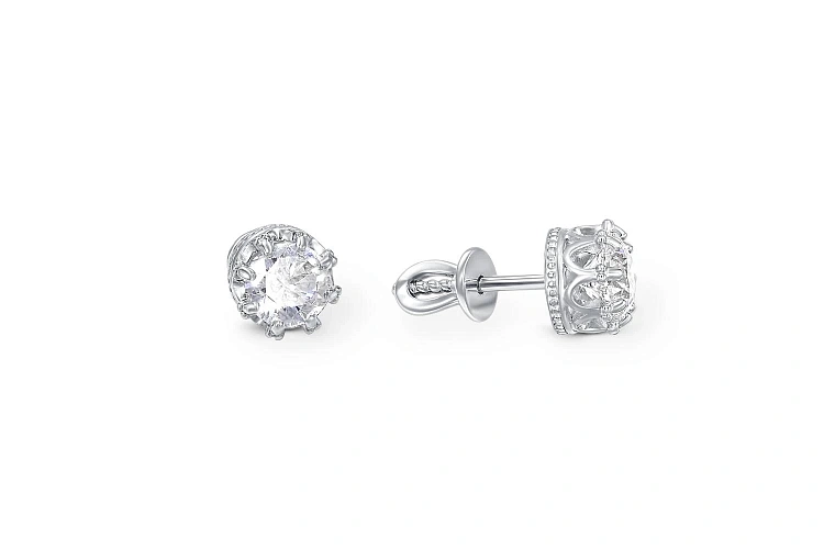 Серьги-пусеты Короны из белого золота с 2 кристаллами swarovski