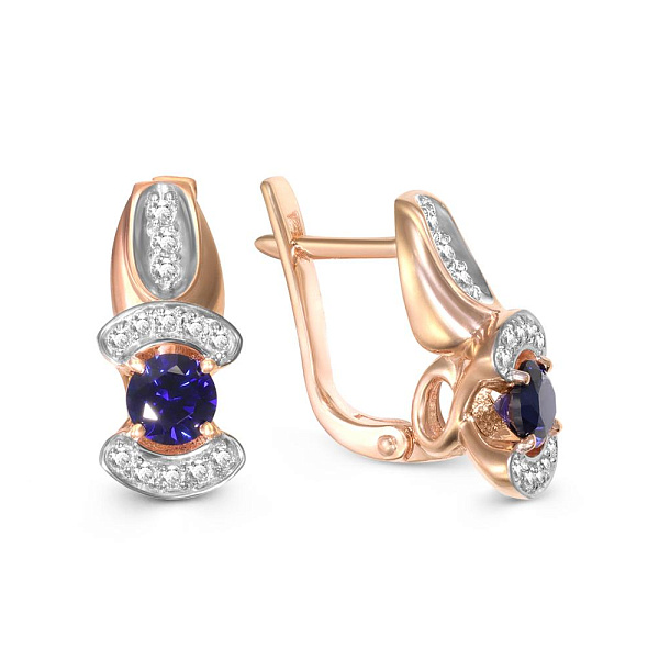Серьги из красного золота с 2 корундами и 16 фианитами