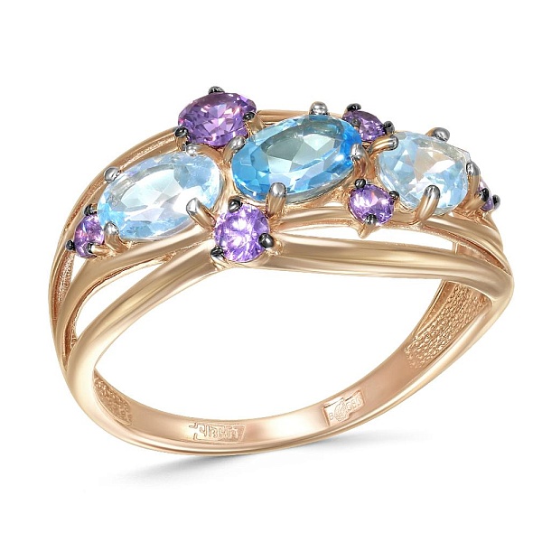 Кольцо из красного золота с топазами sky, топазом swiss и фианитами