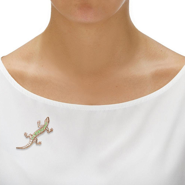 Брошь Ящерица из красного золота с 8 хризолитами и 7 фианитами