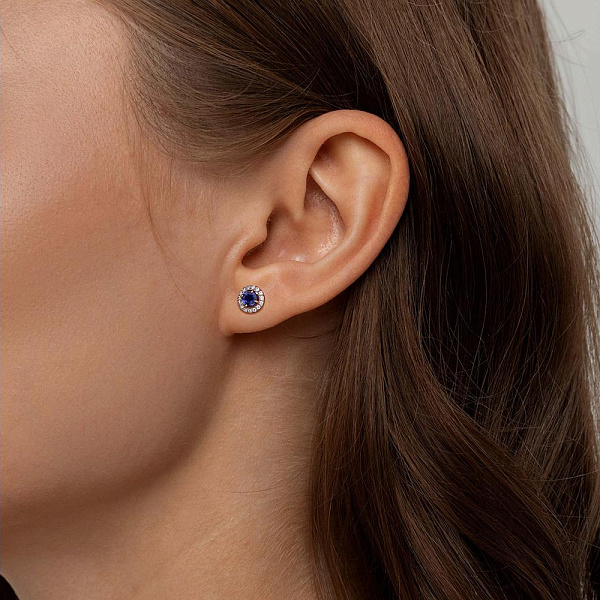 Серьги-пусеты из красного золота с 2 иолитами и 30 фианитами