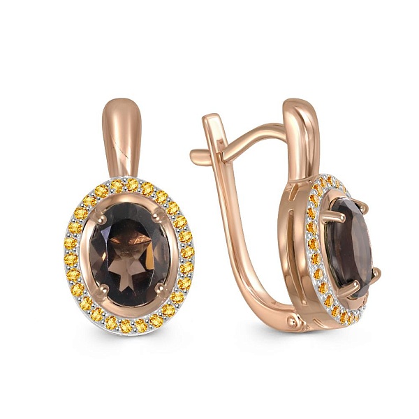 Серьги из красного золота с 2 раухтопазами и 52 сапфирами