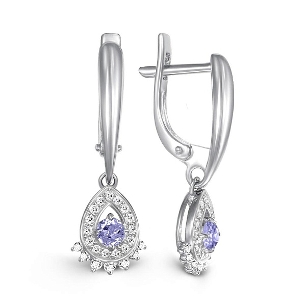 Серьги из белого золота с 2 танзанитами и 44 фианитами