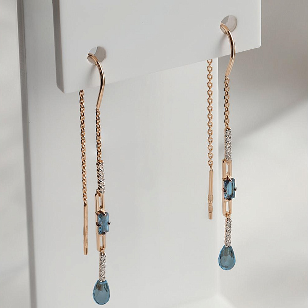 Серьги-продёвки из красного золота с 4 топазами лондон и 20 фианитами