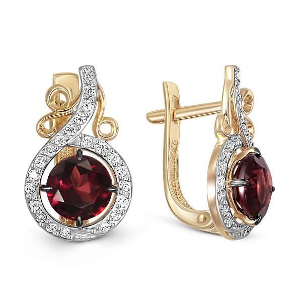 Серьги из жёлтого золота с 2 гранатами и 44 фианитами