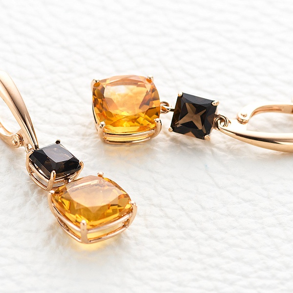 Серьги из красного золота с 2 цитринами и 2 раухтопазами