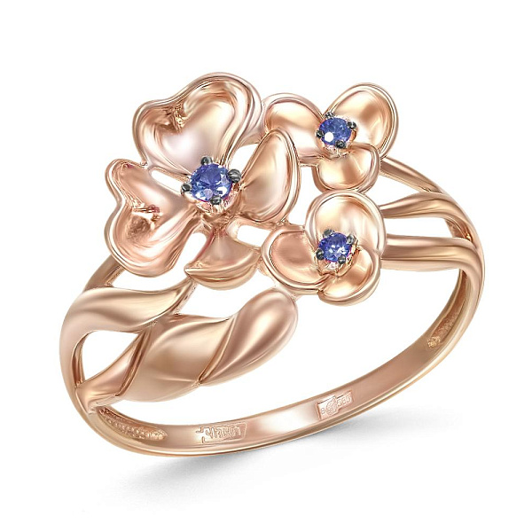 Кольцо Цветок из красного золота с 3 сапфирами