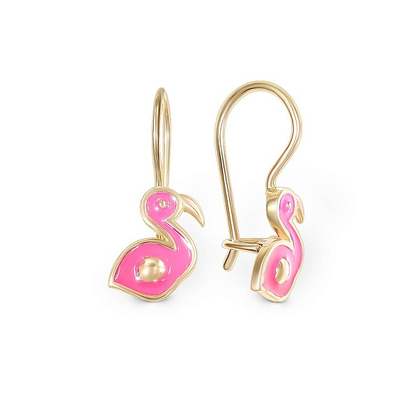 Детские серьги Фламинго из жёлтого золота без вставок