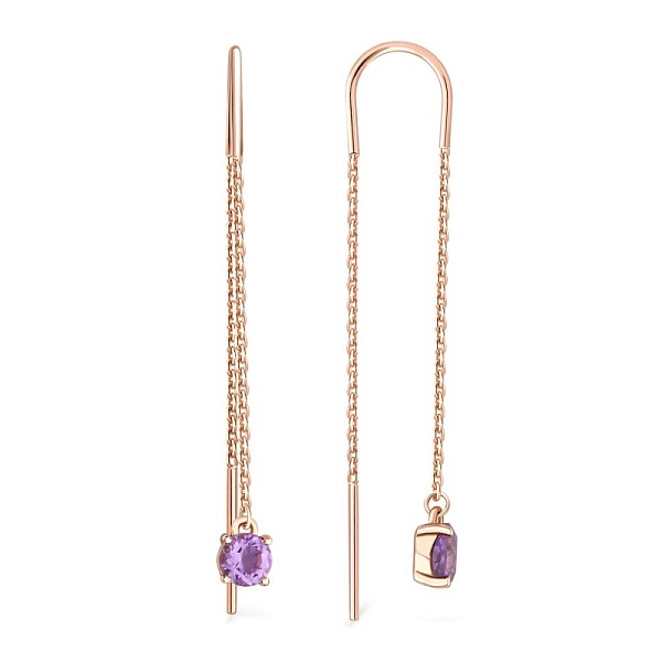 Серьги-продёвки из красного золота с 2 аметистами