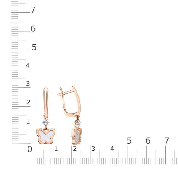Серьги Бабочки из красного золота с перламутром и 2 фианитами