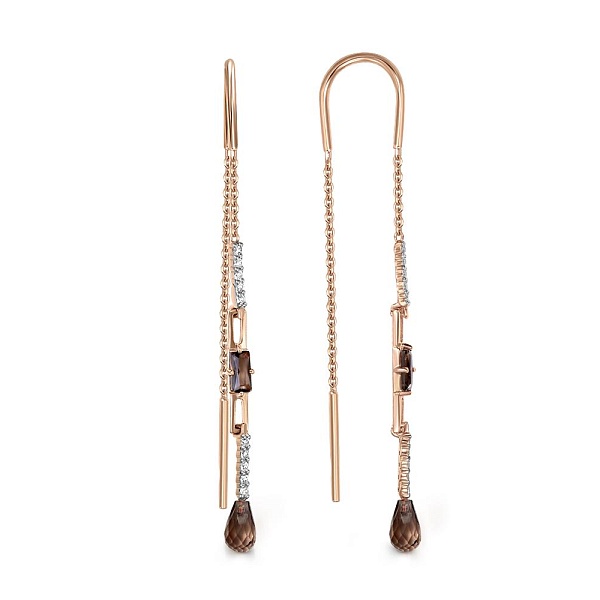 Серьги-продёвки из жёлтого золота с 4 раухтопазами и 20 фианитами