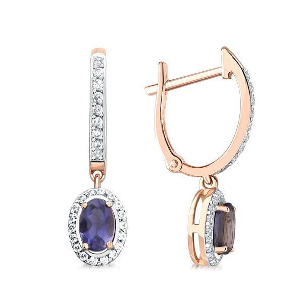 Серьги из красного золота с 2 иолитами и 54 фианитами