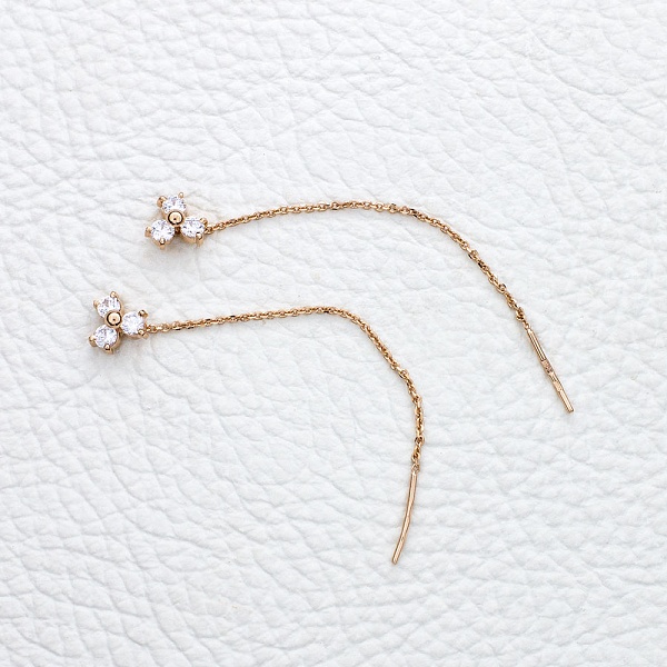 Серьги-продёвки из красного золота с 6 фианитами