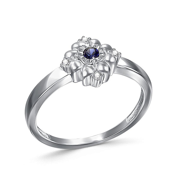 Кольцо Цветок из белого золота с корундом и 4 фианитами