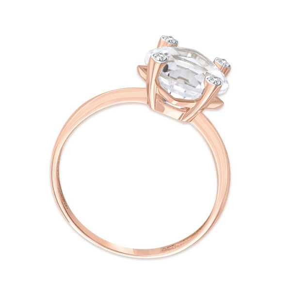 Кольцо из красного золота с горным хрусталём и 4 фианитами