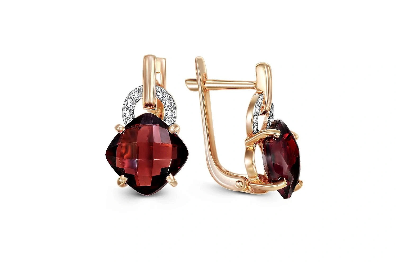 Серьги из красного золота с 2 гранатами и 16 фианитами