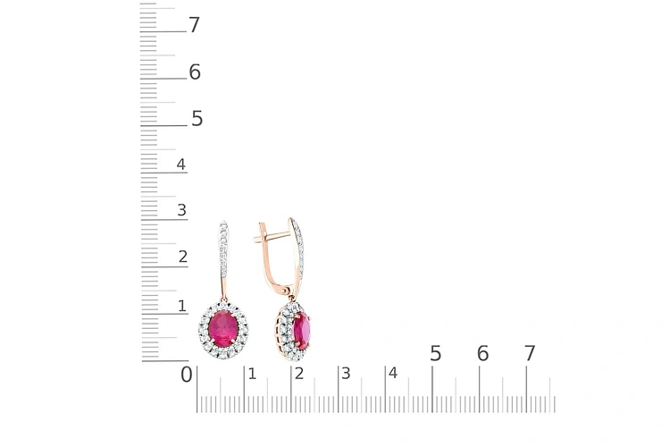 Серьги из красного золота с 2 корундами и 88 фианитами