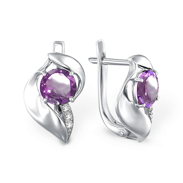 Серьги из белого золота с 2 аметистами и 6 фианитами