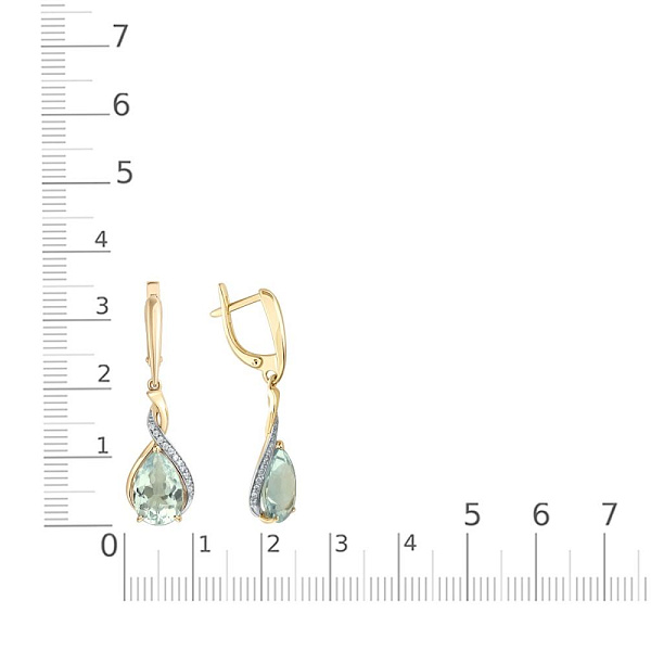 Серьги из жёлтого золота с 2 празиолитами и 24 фианитами