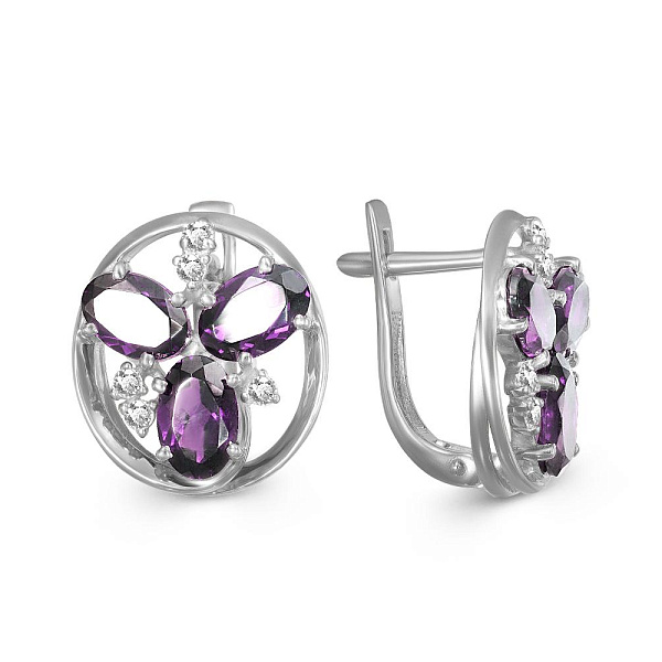 Серьги из белого золота с 6 аметистами и 10 фианитами