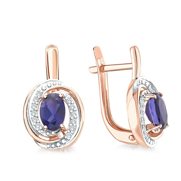 Серьги из красного золота с 2 иолитами и 24 фианитами