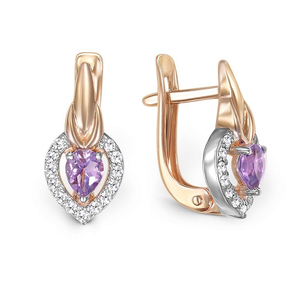 Серьги из красного золота с 2 аметистами и 26 фианитами