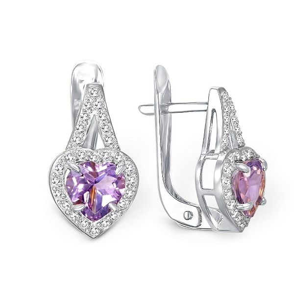 Серьги Сердца из белого золота с 2 аметистами и 54 фианитами