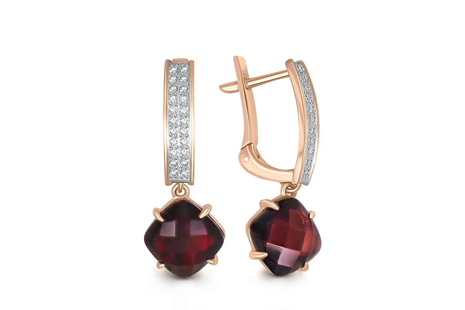 Серьги из красного золота с 2 гранатами и 44 фианитами