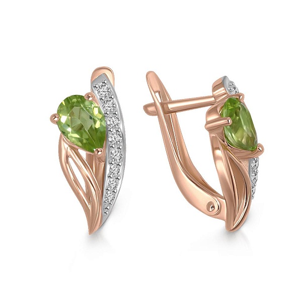 Серьги из красного золота с 2 хризолитами и 16 фианитами