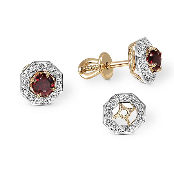 Серьги-пусеты из жёлтого золота с 2 гранатами и 32 фианитами