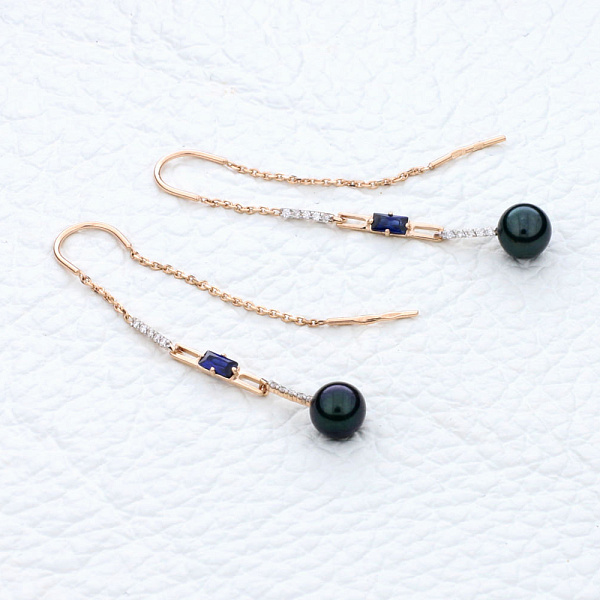 Серьги-продёвки из красного золота с жемчужинами, сапфирами и бриллиантами