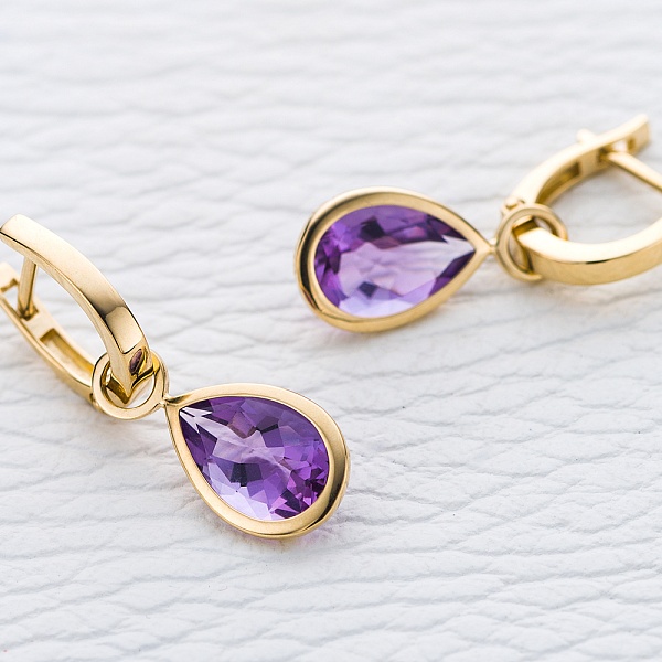 Серьги-трансформеры из жёлтого золота с 2 аметистами