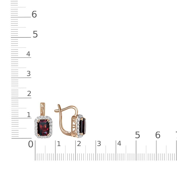 Серьги из красного золота с 2 гранатами и 36 фианитами