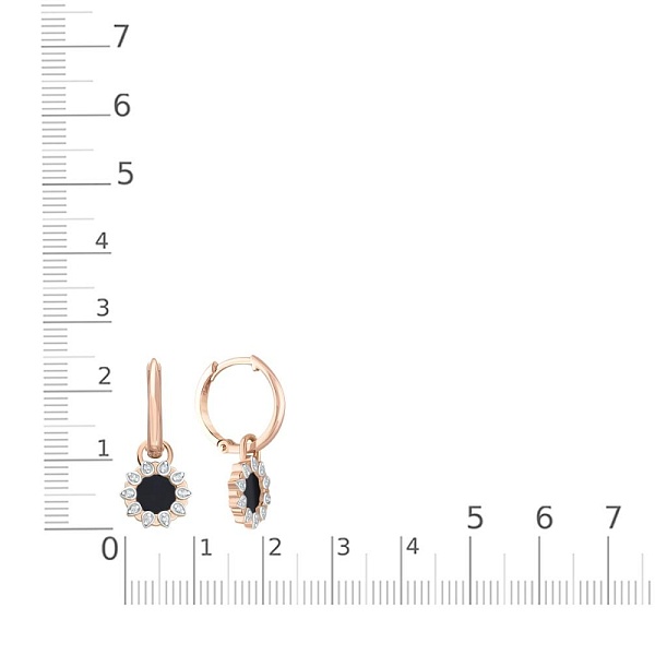 Серьги-трансформеры из красного золота с 2 ониксами и 20 фианитами