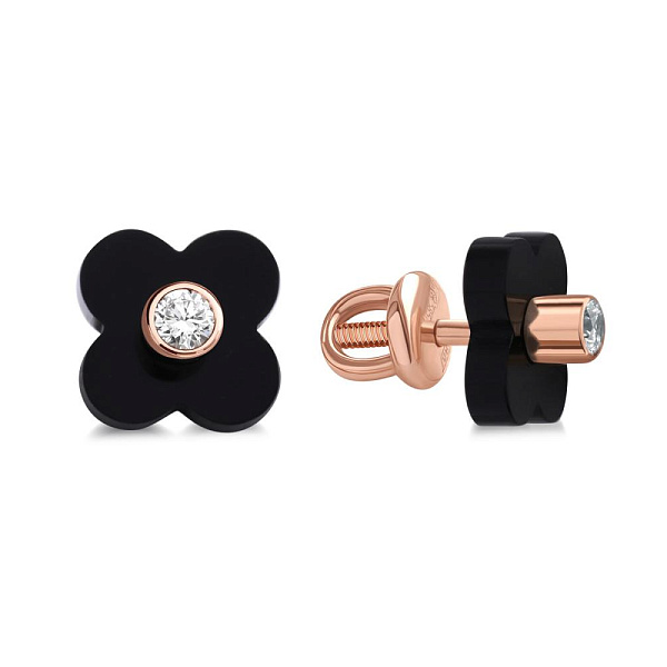 Серьги-пусеты Клевер из красного золота с 2 ониксами и 2 фианитами